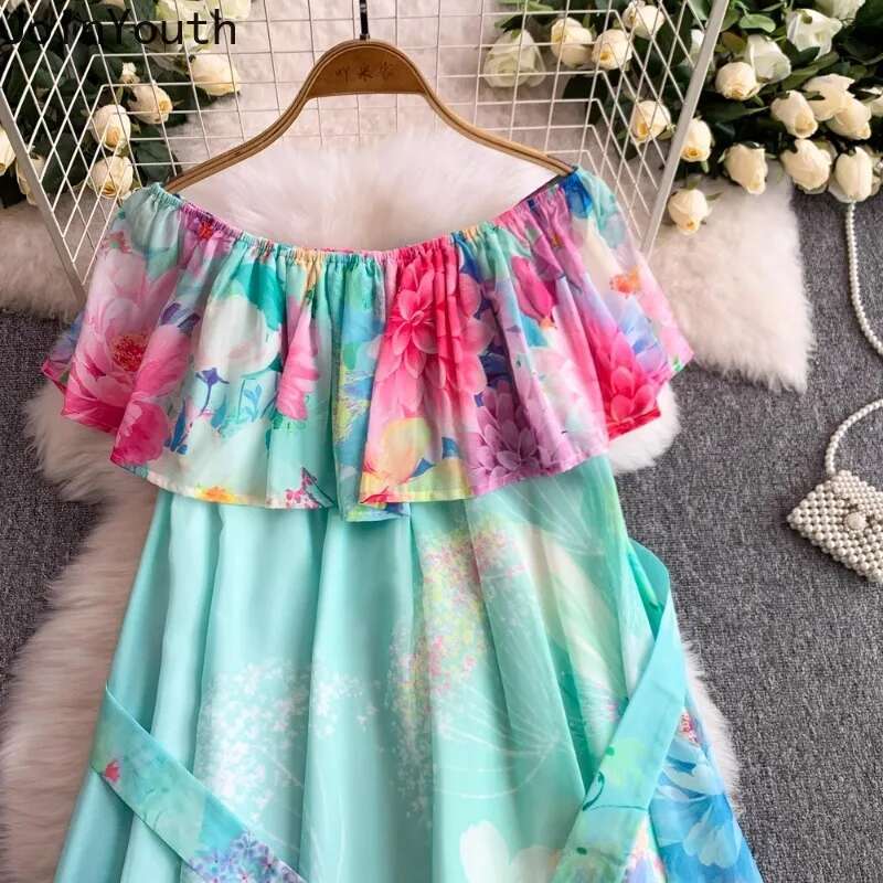 Summer Dresses Women Sweet Floral Slash Neck Slim Waist Robe Femme 2025 Vestidos De Mujer Fashion Big Swing Chiffon Maxi Dress