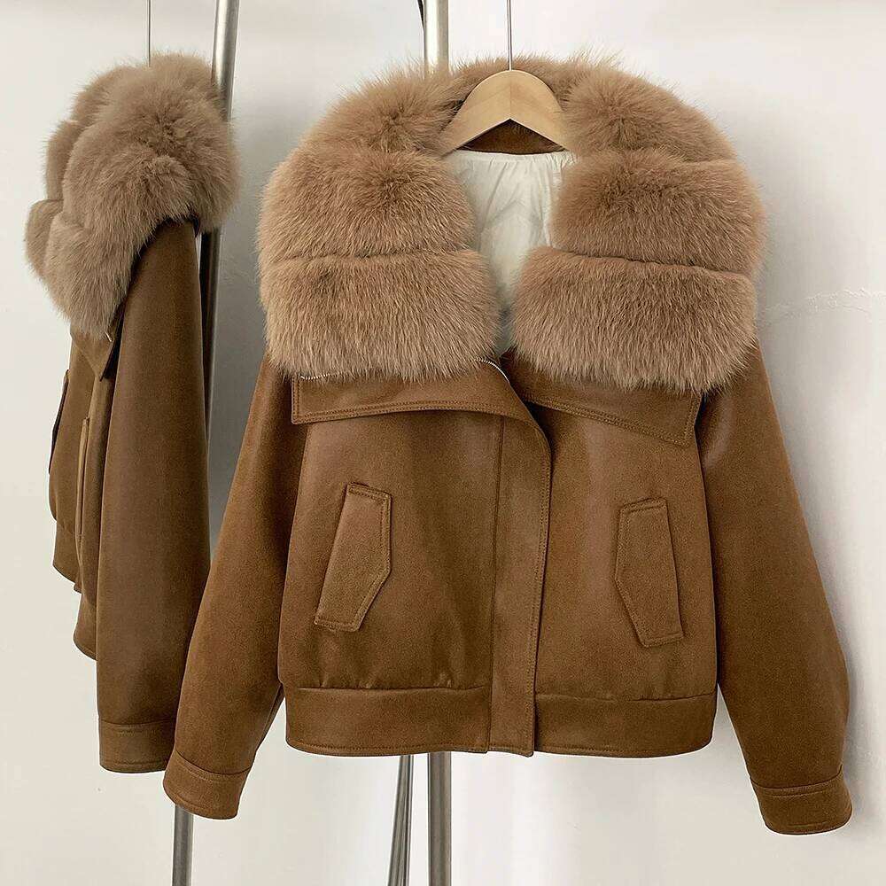 Designer Leisure High Quality Luxurious 2025 Winter Clothing Women Fashion Short Down Coat Big Real Fox Collar Lady Warm Suede Fur Puffer Jacket Femal