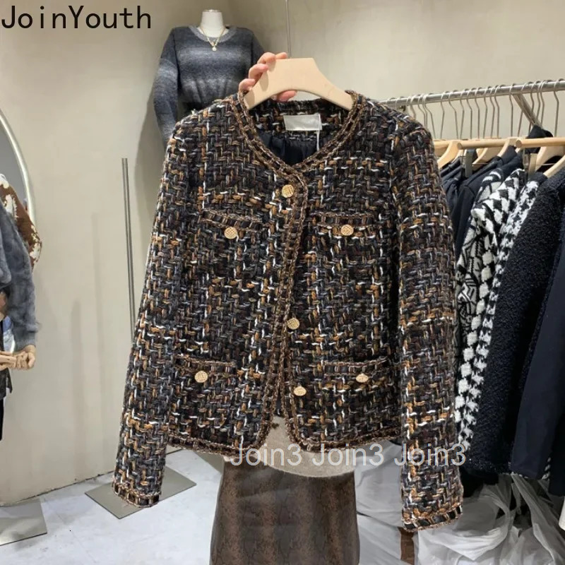 Vintage Jackets 2025 Women Clothing O-neck Long Sleeve Pocket Tweed Temperament Tops Fashion Korean Cropped Coat Y2k Clothes
