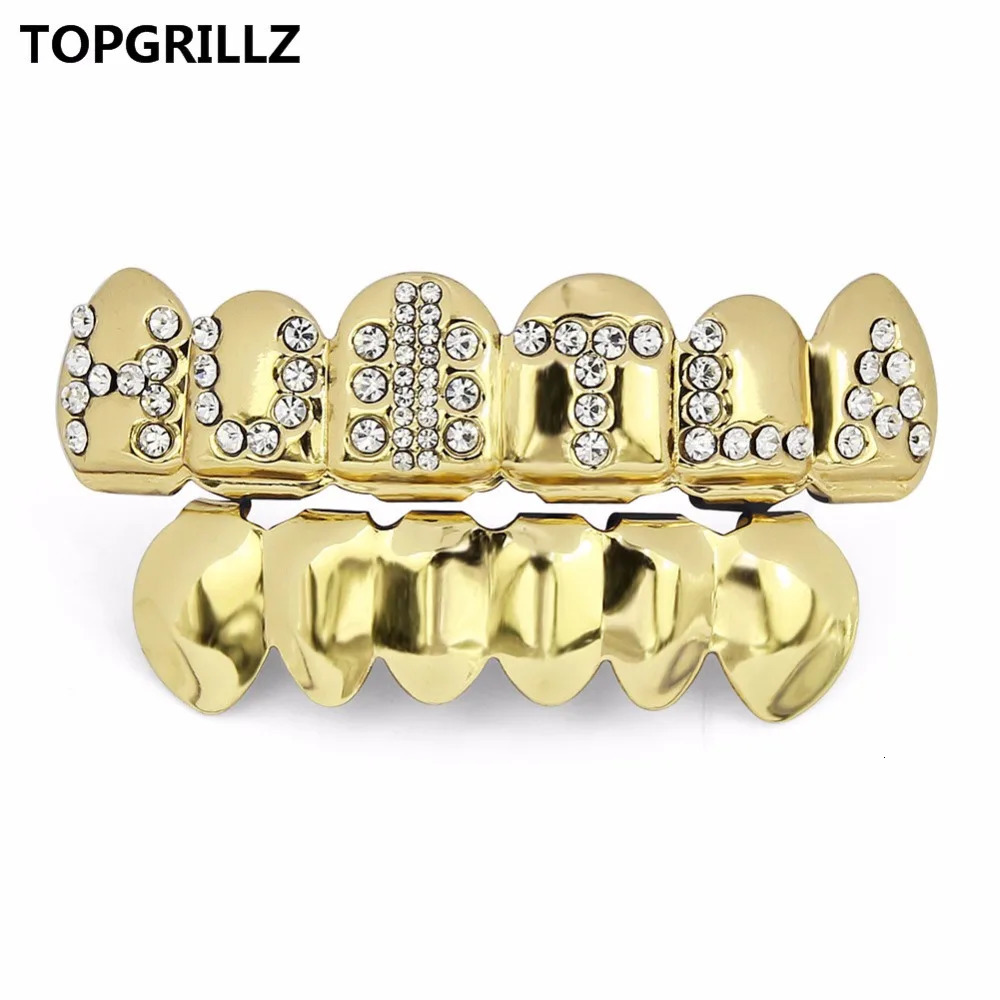 TOP Gold Color Plated Iced Out Letter CZ Stone Hip Hop Teeth For Mouth Caps Top Bottom Grills Set Classic tooth 250613