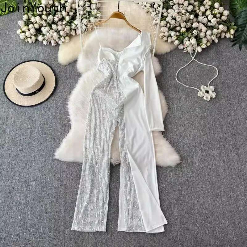Temperament Korean Jumpsuits Women Clothing Contrast Color Off Shoulder Long Sleeve Bodysuit Heavy Sequin Summer Playsuit 7p519