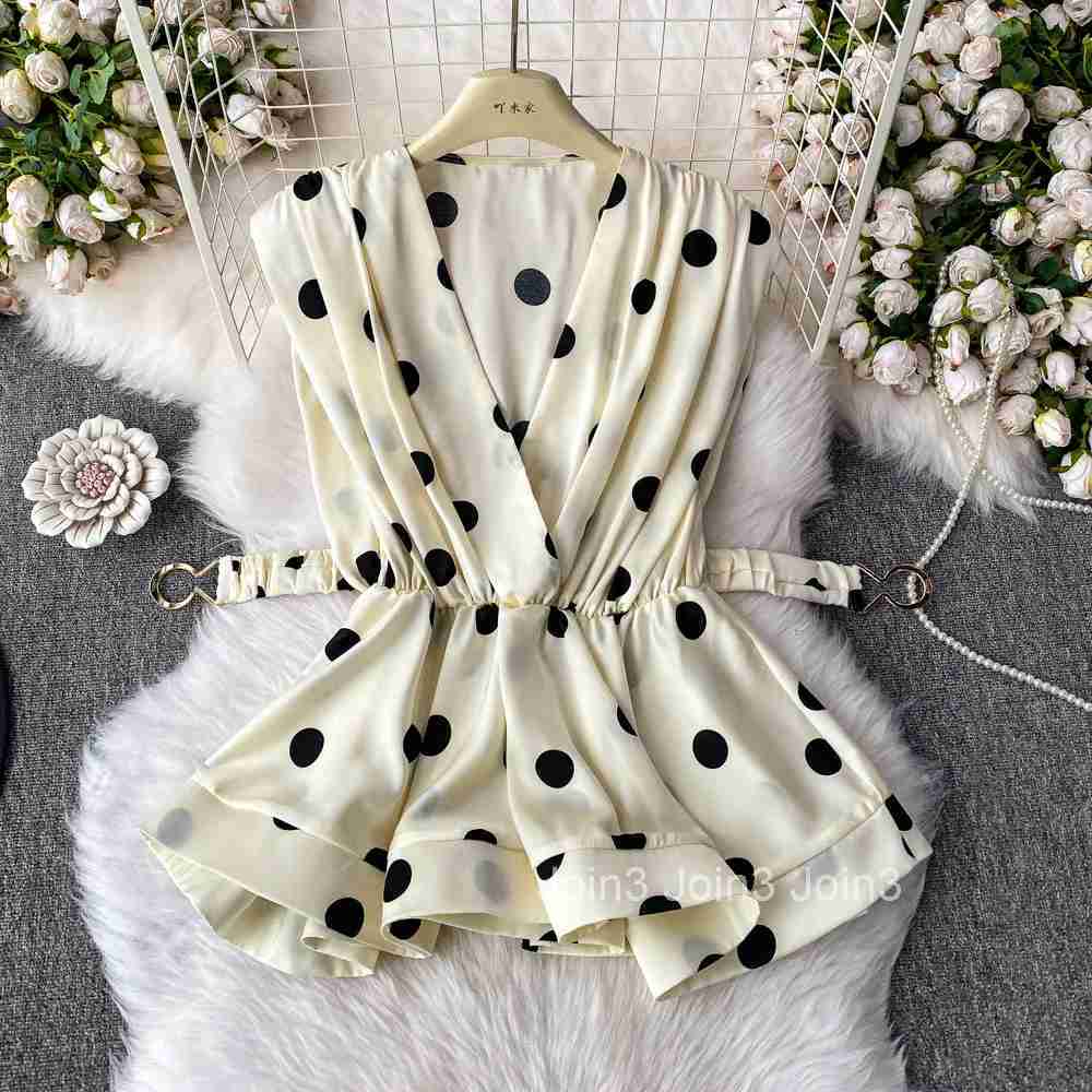 Sleeveless Polka Dot Blouses 2025 Women Clothing V-neck Slim Waist Shirts Folds Ruffles Vintage Blouse Tops Camisas De Mujer