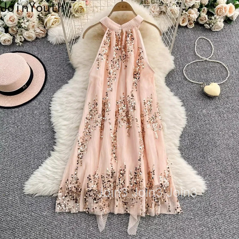 Temperament Robe Femme Summer Woman Dress 2025 Vestidos De Mujer Sleeveless Loose Heavy Sequin Ruffles 3D Floral Dresses 7p540
