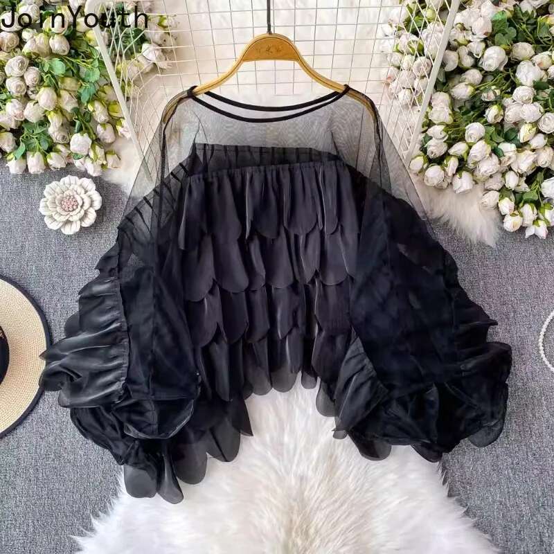2025 Blusas Mujer De Moda Summer Blouese Women Clothing Patchwork Gauze Ruffles Long Sleeve Shirt Chic Loose Blouse Tops Female