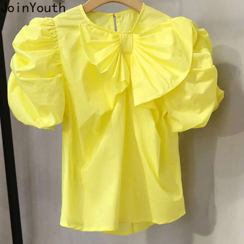 Vintage Camisas De Mujer O-neck Puff Sleeve Solid Color Blouse Womens Clothing Summer Sweet Shirts Fashion Korean Sweet Tops
