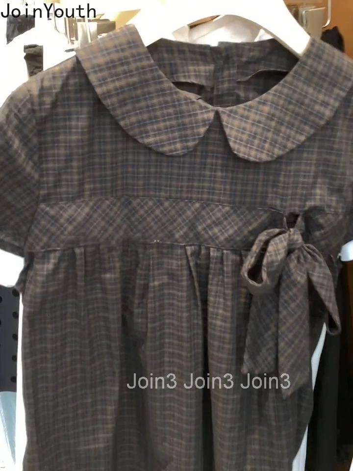 Sweet Women Shirts 2025 Blusas Mujer De Moda Bandage Peter Pan Collar Short Sleeve Blouses Vintage Plaid Bow Summer Blouse Tops