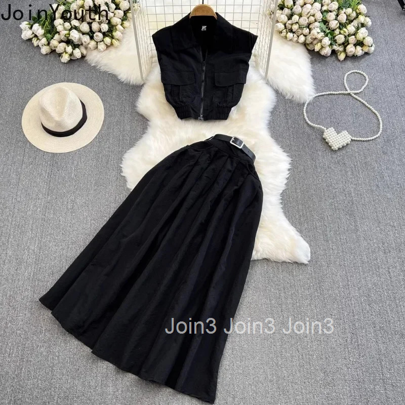 Skirt Outfits Women Two Piece Sets Slim Waist Sleeveless Drawstring Crop Tops High Waist A-line Skirt Suit Casua Chic Summer Set