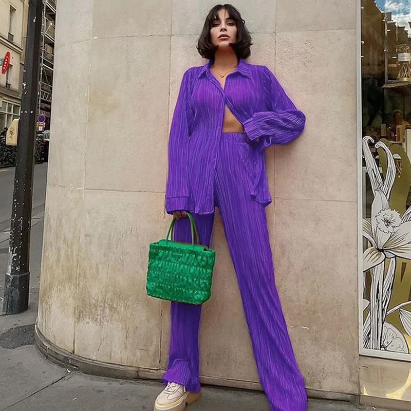 Two Piece Set Women Outfits Pleated Womens Elegant Drape Loose Sets Shirt High Waist Trousers Female Suit Fashion Casual 250617