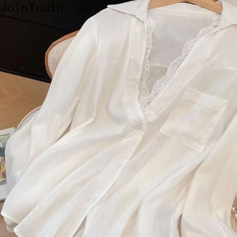 2025 Camisas De Mujer White Long Sleeve Blouses Womens Clothes Patchwork Lace Fashion Shirts See Through Oversized Sexy Tops