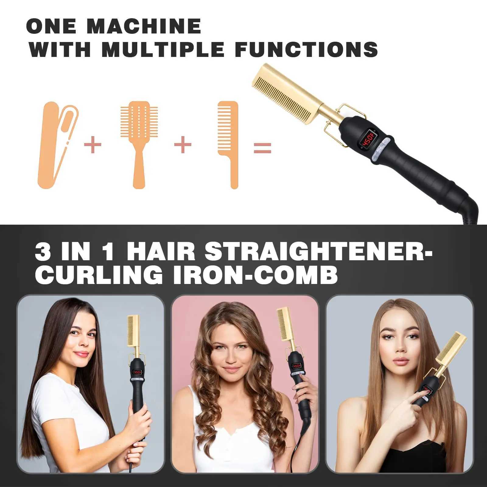UNTIOR 3 in 1 Straightening Comb Multifunctional Hair Portable Travel Ceramic Comb Electric Hair Straightener for Hair and WigsXJ250621