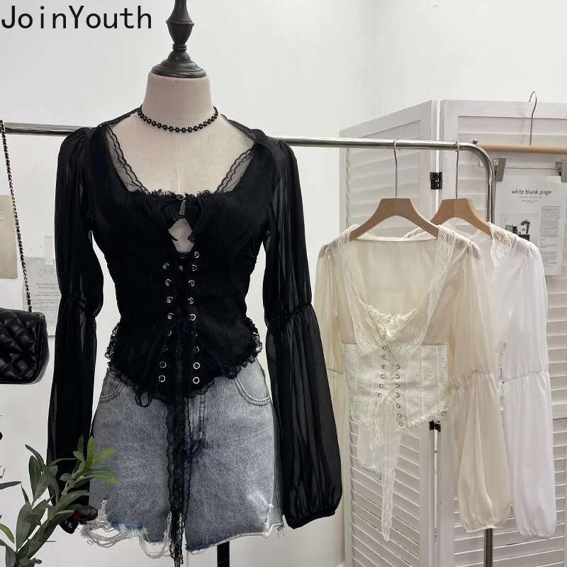 Crop Tops Blouses for Women Long Sleeve Patchwork Lace Slim Waist Bandage Shirts 2025 Camisas De Mujer Chiffon Summer Blouse