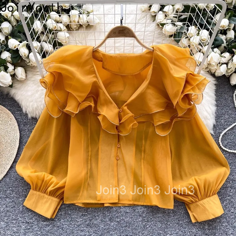 2025 Camisas De Mujer Women Shirts Loose Temperament Tops Ruffles Long Sleeve Blouses Lantern Sleeve Loose Vintage Summer Blouse