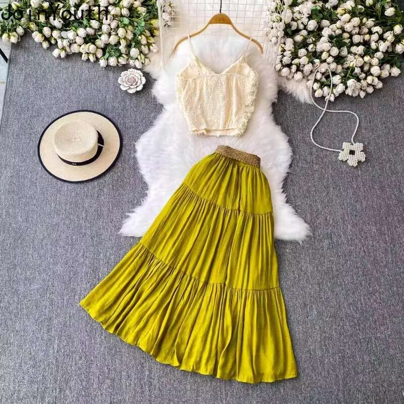 Women Clothing Two Piece Sets 3D Floral Tunic Sequin Vest Crop Tops High Waist Ruffles Skirt Outfits Fashion Korean Summer Suit