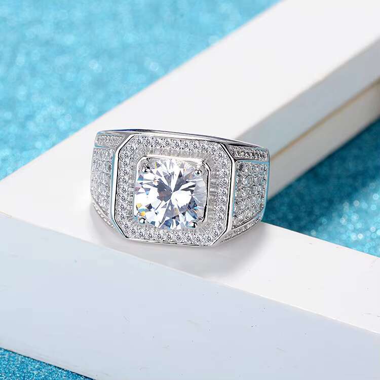 Classic Round Imitated Moissanite Ring Platinum Plated Cubic Zirconia Lab Diamond Ring for Men Wedding Ring Hip Hop Jewelry