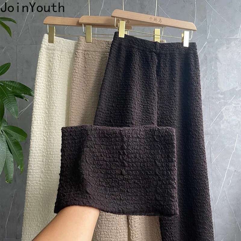 Korean Wide Leg Pants for Women Elastic Waist Tunic Temperament Trousers Casual Straight Tweed Pantalon Femme 2025 New Bottoms
