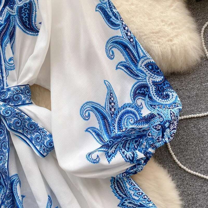 Elegant Robe Femme Floral Summer Dress for Women 2025 Vestidos De Mujer Bandage Tunic Lantern Sleeve Vintage Korean Dresses