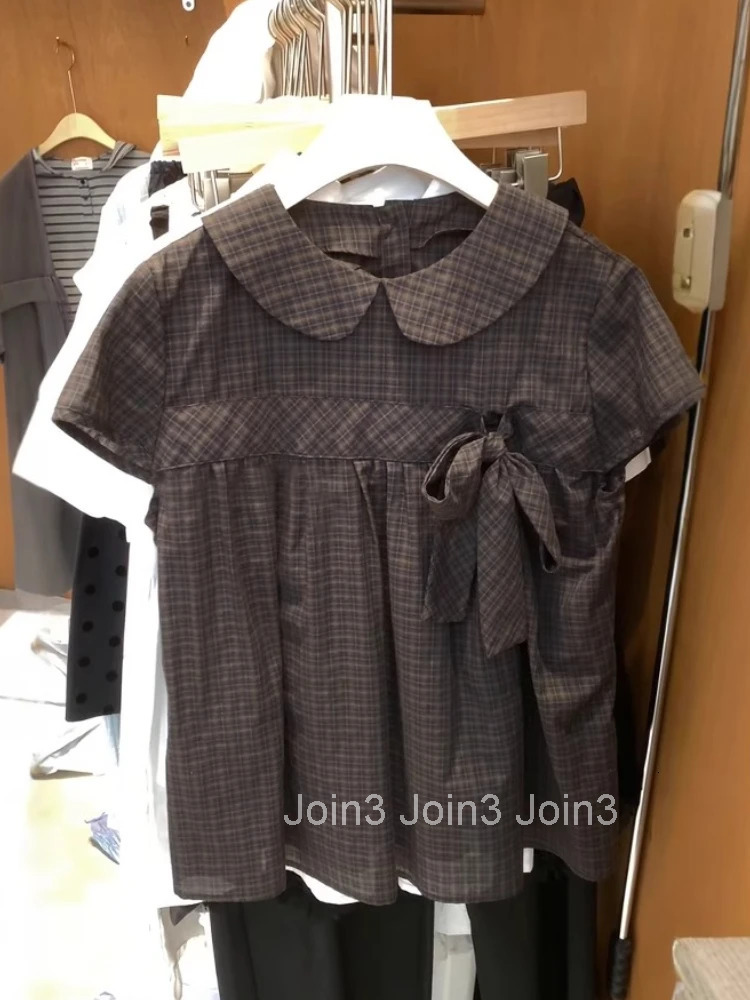 Sweet Women Shirts 2025 Blusas Mujer De Moda Bandage Peter Pan Collar Short Sleeve Blouses Vintage Plaid Bow Summer Blouse Tops