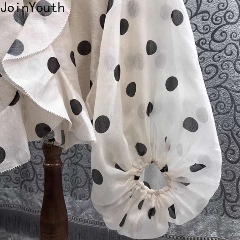 Polka Dot Blouse for Women Bandage Long Sleeve Temperament Tops Chic Oversized Shirts 2025 Blusas Mujer De Moda Vintage Blouses