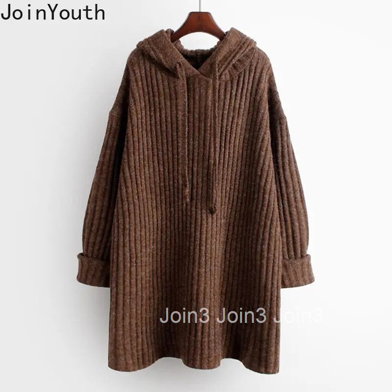 Oversized Pullovers Women Fall Winter Clothing Vintage Korean Jumper Hooded Bandage Sueter Mujer Casual Chic Knitted Sweater