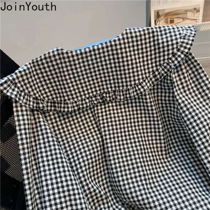 Chic Plaid Blouse Women Preppy Style Peter Pan Collar Sweet Shirts Loose Vintage Ruffles Cute Camisas De Mujer Oversized Tops