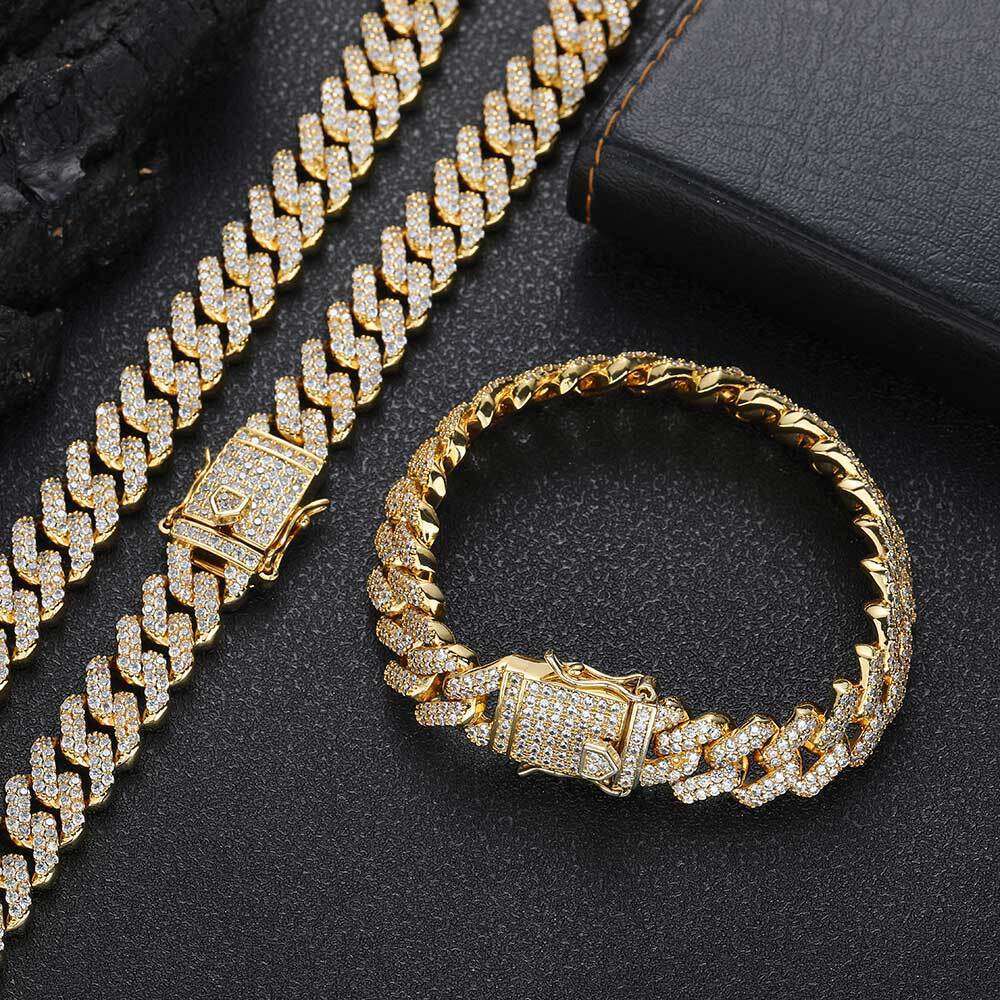 Trendy Bracelet 12mm Double Row Zircon Dia Cuban Necklace Men's Hip Hop Jewelry 6a8e