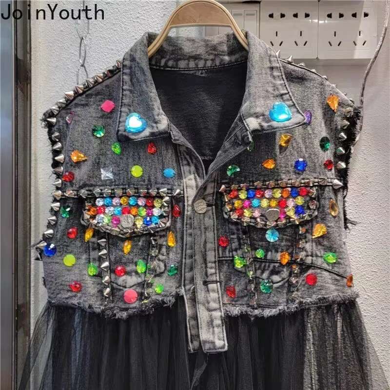 Denim Vest Coat Sleeveless Patchwork Gauze Waistcoats Y2k Tops Heavy Diamond Tanks Casual Fashion Korean Chalecos Para Mujer
