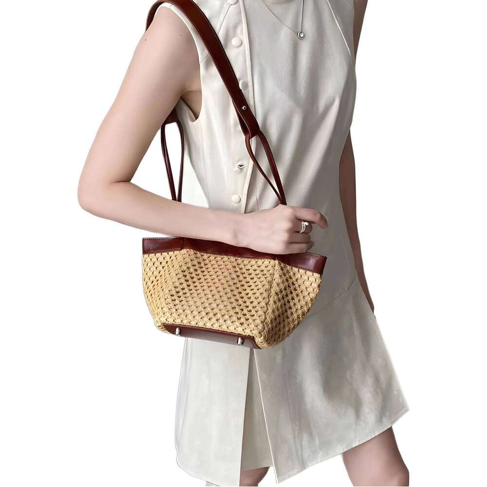 Fashion Hollow Basket Faux Rattan Woven Women Handbags Pu Leather Shoulder Crossbody Bags Summer Beach Small Tote Bag