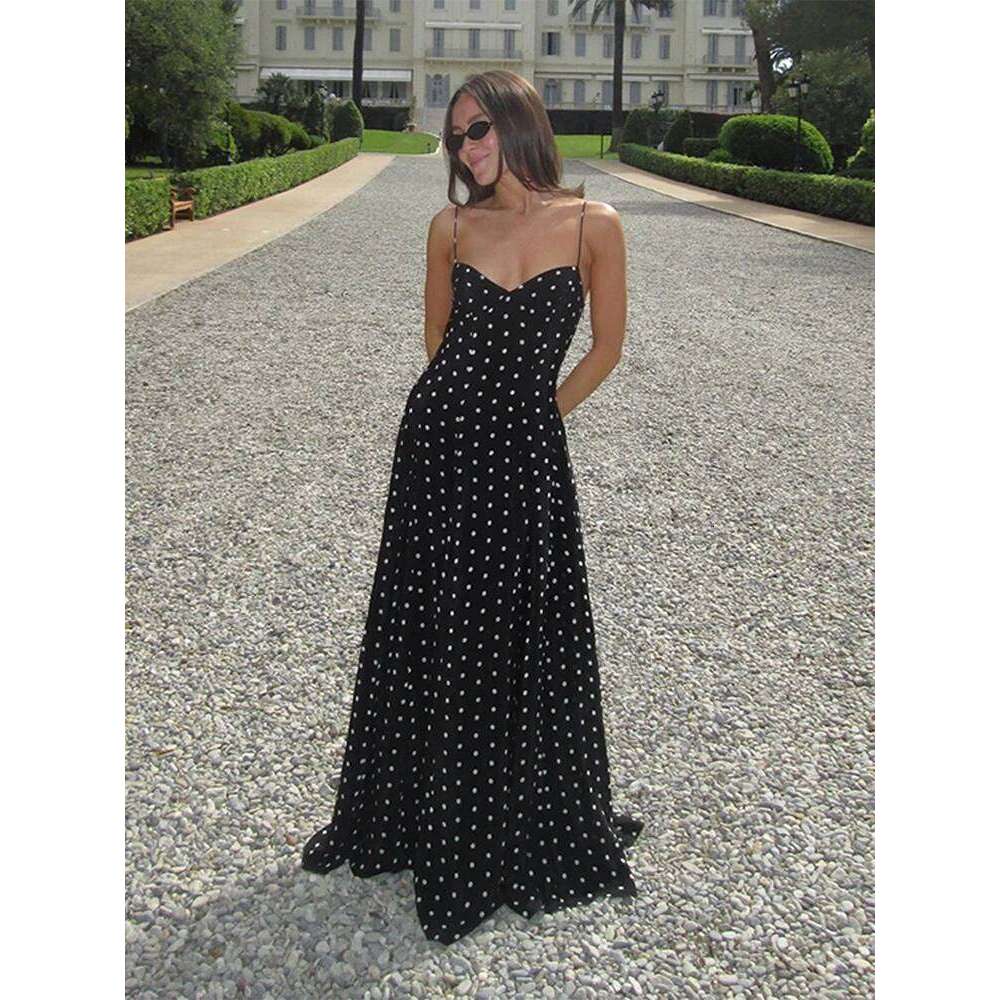 Retro Polk Dot Long Dress With Ribbon Women Sexy Low Cut Sleeveless Pleated Slim Evening Dresses Female Spring Chic Street Party