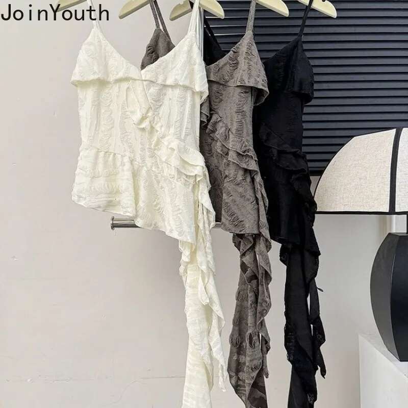 Y2k Crop Tops Fashion Sexy Tanks Womens Clothes Sleeveless Tunic Irregular Camis Patchwork Hole Ruffles Sweet Vest Ropa Mujer
