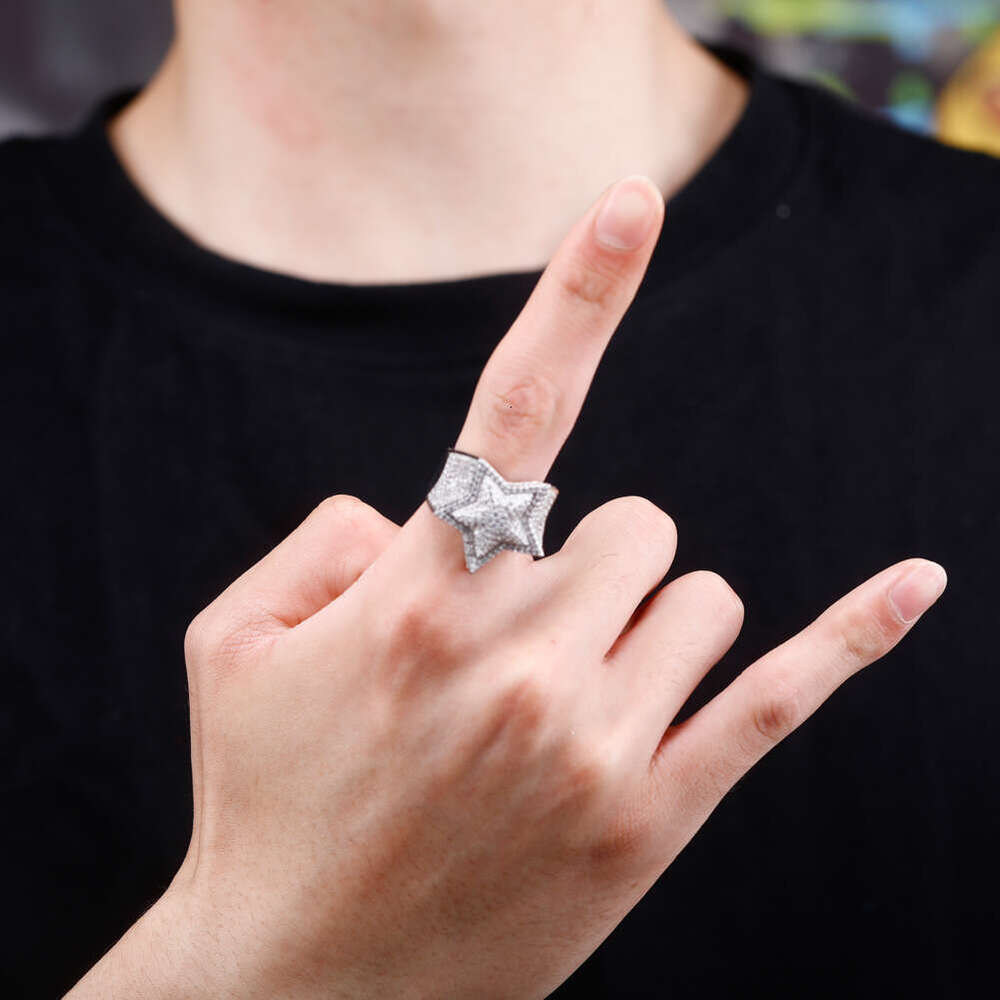 Jin Ao Jewelry Five-Pointed Star 3D New Upgraded White Copper Hip-Hop Trendy Brand Ring Accessory