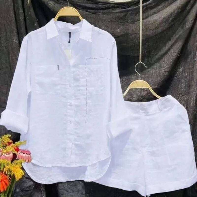 Designer Leisure High Quality Summer Cotton Linen Casual Home 2 Set For Women 2024 Fashion White Long Sleeve Shirt And Shorts Two Piece Sets Tracksuit