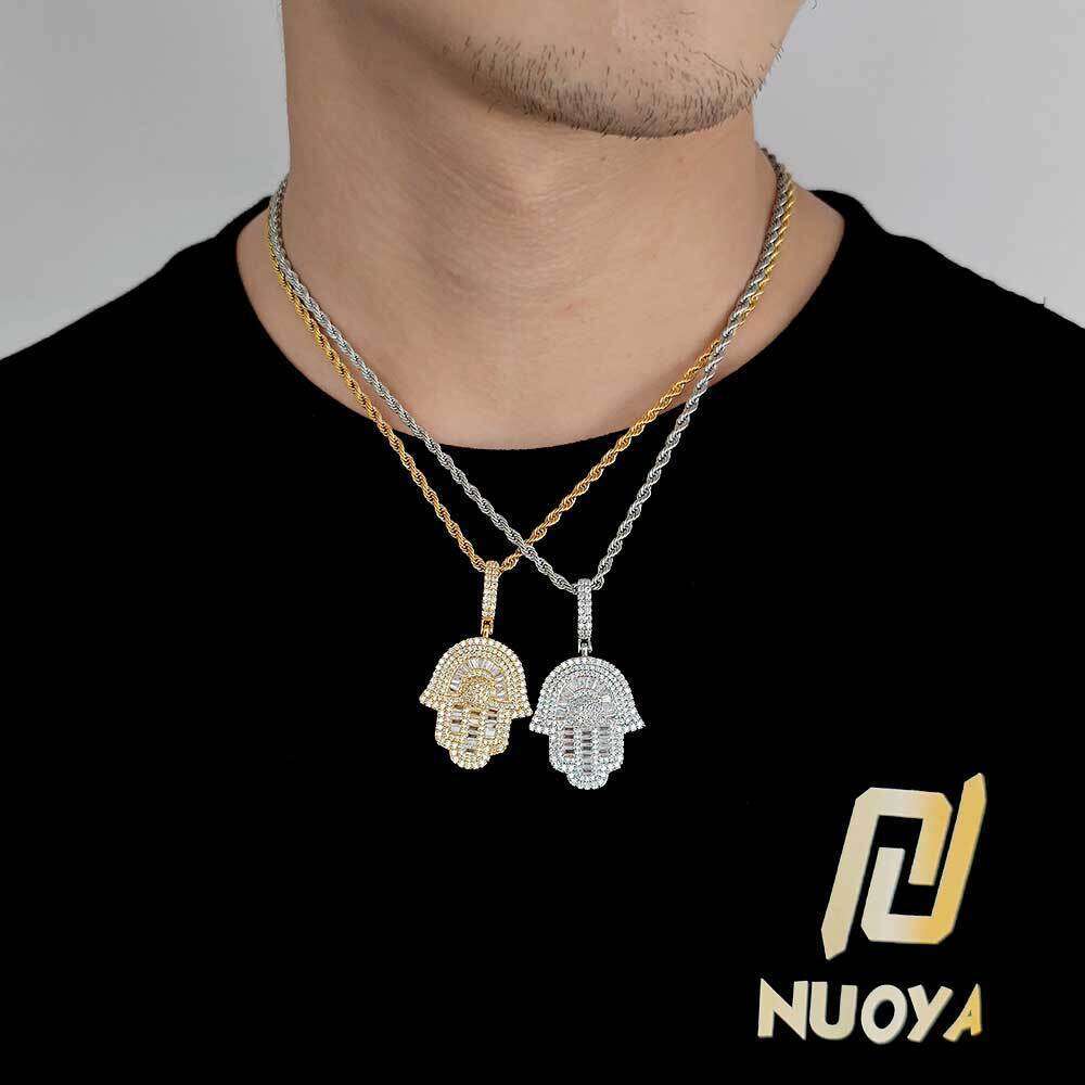 Copper Inlaid Zircon Small Palm Pendant Real Gold Plated Trendy Fatima Hand Hip Hop Necklace d722