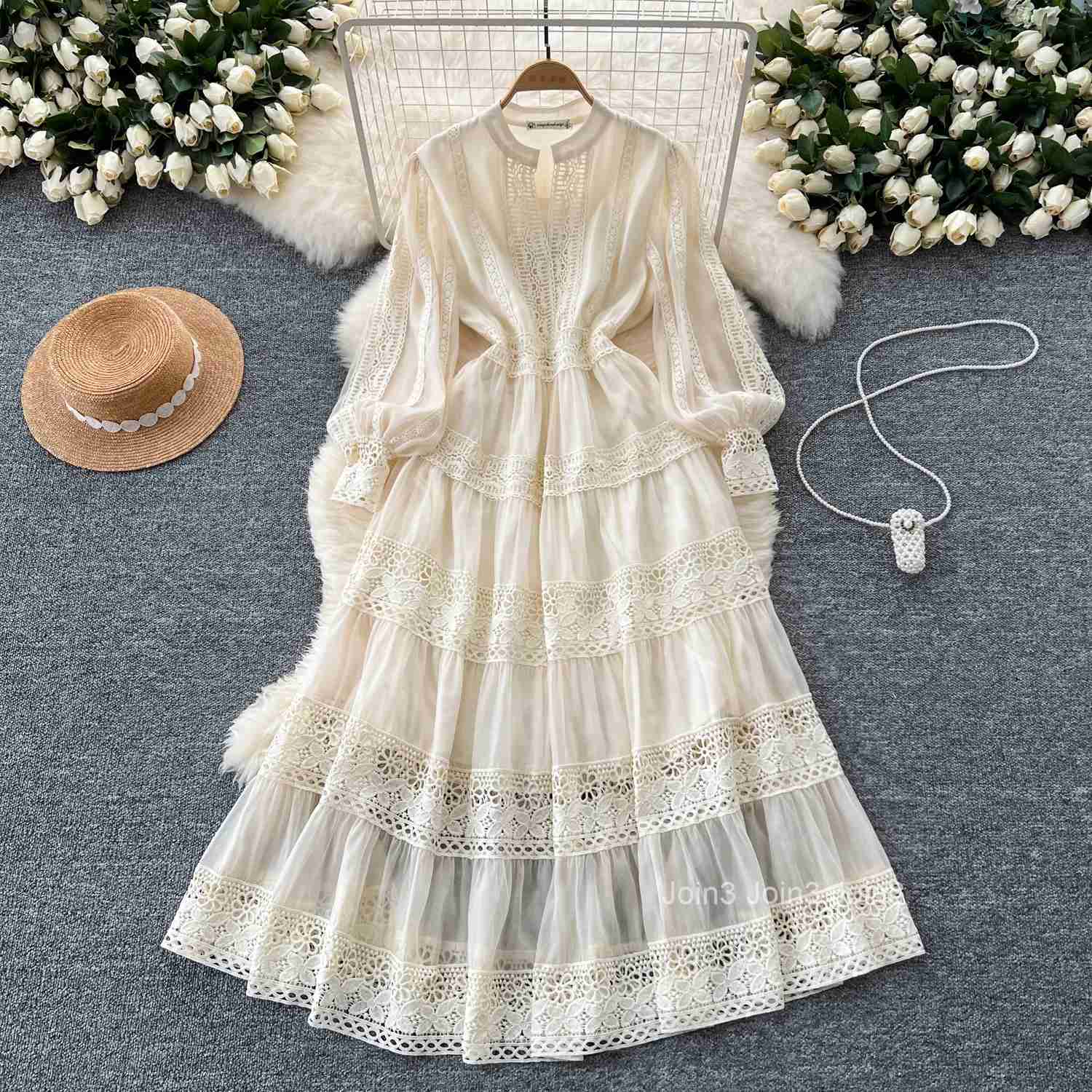 Elegant Dresses for Women Slim Waist Lantern Sleeve Temperament Robe Femme Patchwork Lace Chic Maix Dress 2025 Vestidos De Mujer