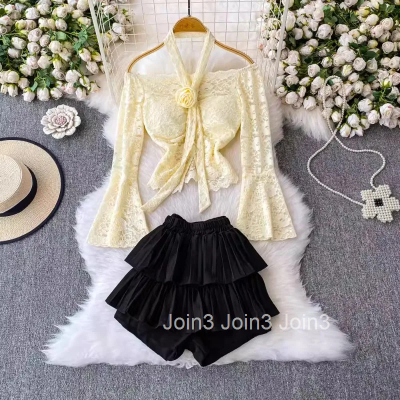 Shorts Outfits Women Clothing Two Piece Sets Slash Neck Flare Sleeve Lace Shirt High Waist Ruffles Shorts Suit Fashion Sexy Set