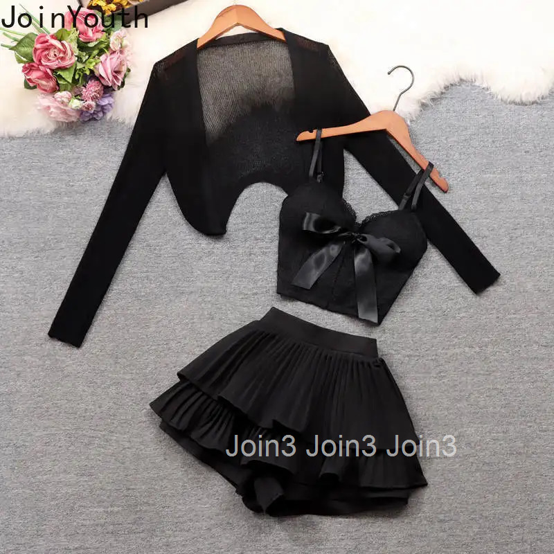 3 Piece Sets Womens Outfits Fashion Summer Skirt Suit Long Sleeve Crop Coat Lace Sexy Vest High Waist Pleated Mini Skirts Set