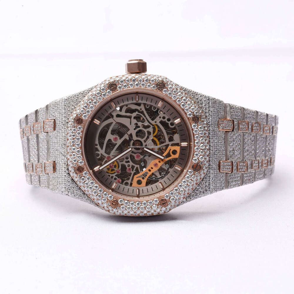 Trend VVS Moissanite Dial Luxury Customize Hip Hop Mechanical Watch with Yellow Gold Stainless Steel Band