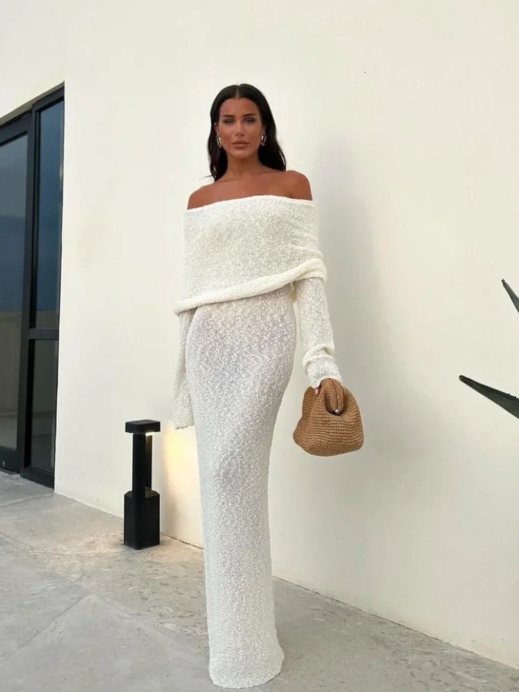 White Elegant Off Shoulder Knit Long Dress Women Fashion Full Sleeve Strapless Bodycon Dresses Summer Beach Vocation Vestidos 250617