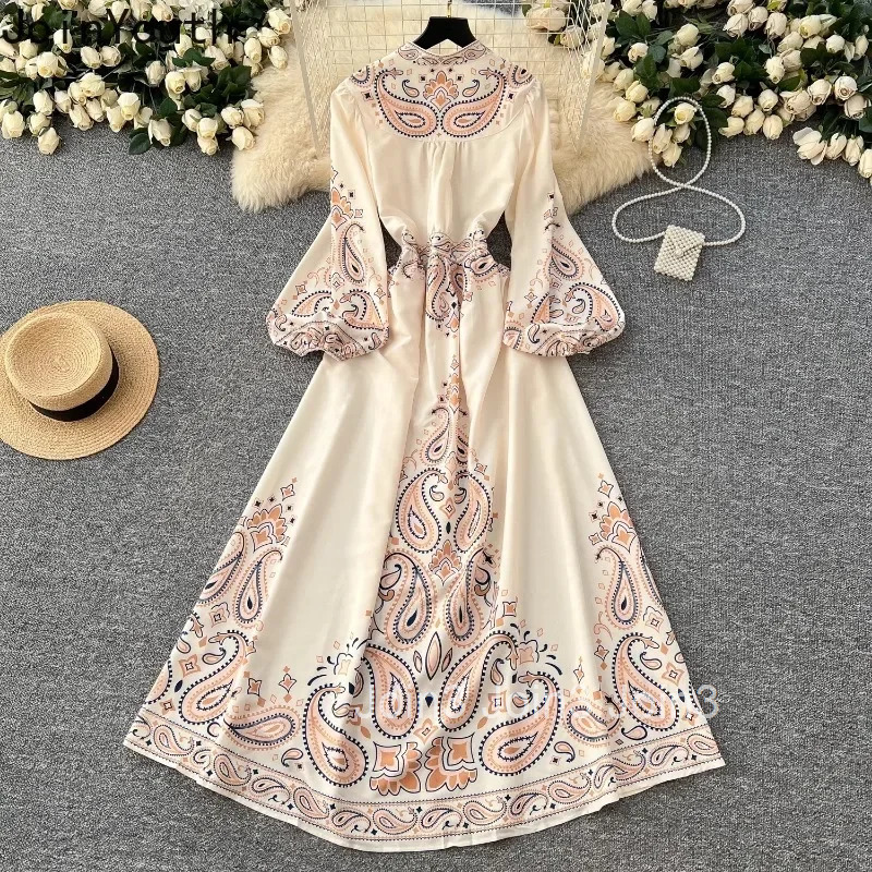 Vestidos De Mujer Vinatge Dresses Women V-neck Lantern Sleeve Slim Waist Robe Femme Single Breasted Elegant Floral Maxi Dress