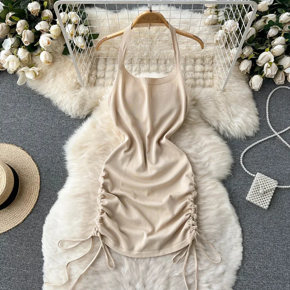 2024 Fashion Y2K Solid Knitted Women Dress Sexy Halter Backless Slim Elastic Bodycon Summer Short MiniDress Streetwear Vestidos 250616