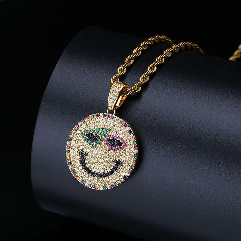 Smiley Face Pendant Hip-Hop Colorful Micro-Paved Zircon Necklace Unisex Accessories