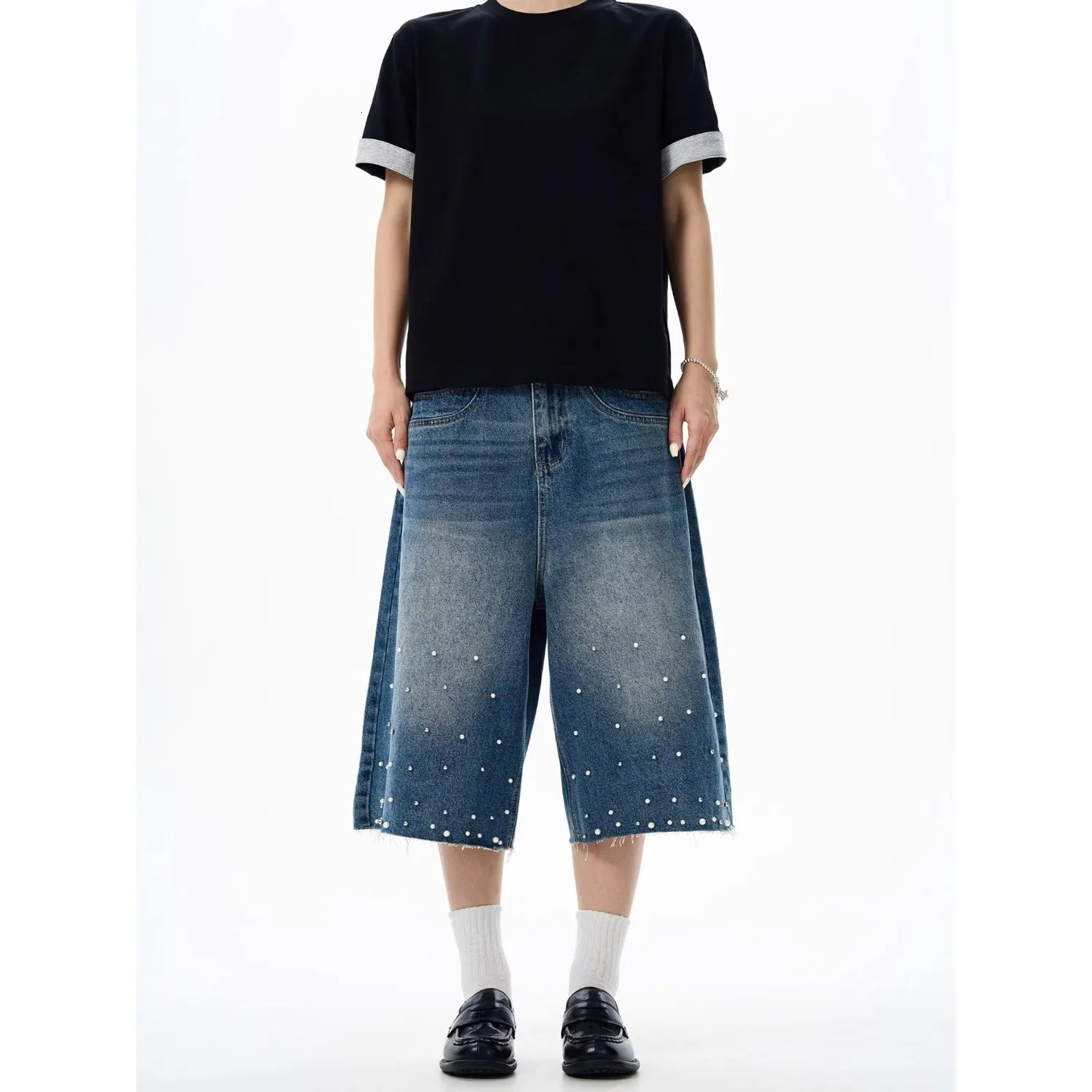 DM Hip Hop Fashion Rivet Jeans Shorts Streetwear Blue Loose Denim Shorts For Men Washed 250617