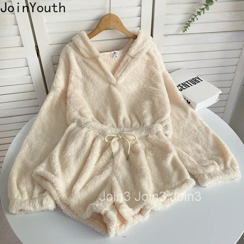 Cute Two Piece Sets Womens Outfits Roupas Femme Hooded Sweatshirts Elastic Waist Shorts Suit Fashion Casual Furry Y2k Set 63a303