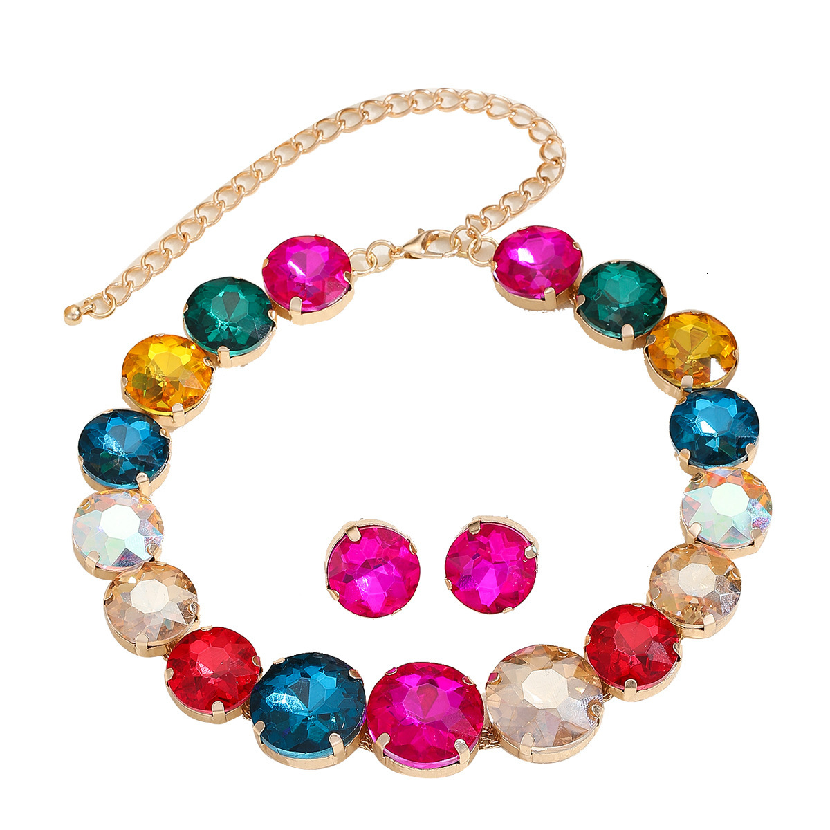American Style Simple And Earring Set Inlaid Corful Long Necklace Fashion Sweet Earrings