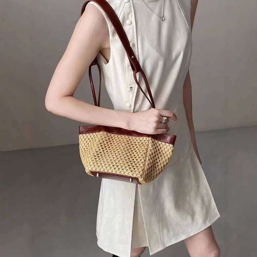 Fashion Hollow Basket Faux Rattan Woven Women Handbags Pu Leather Shoulder Crossbody Bags Summer Beach Small Tote Bag