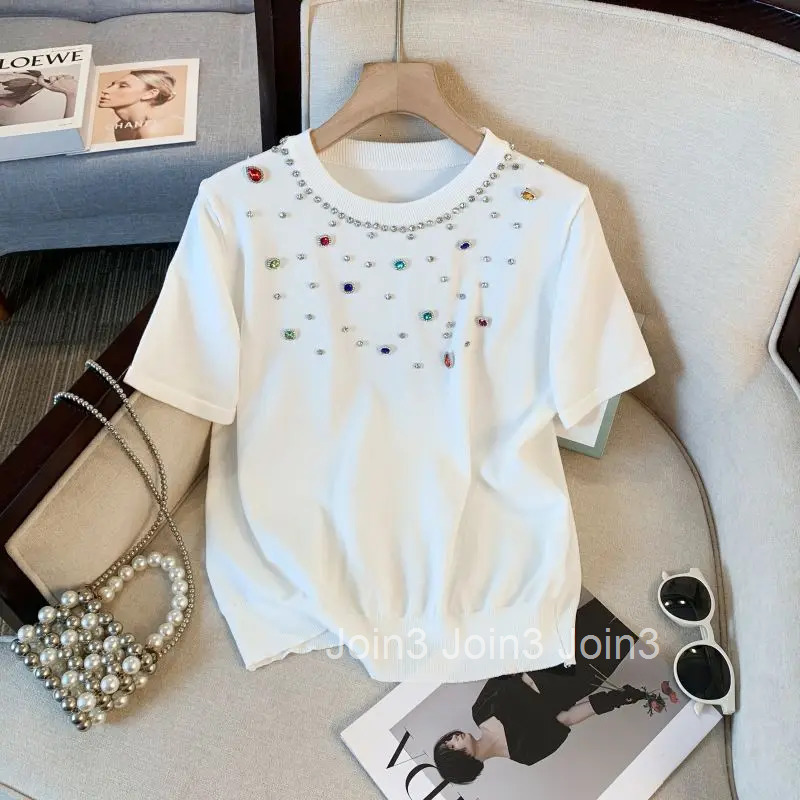 Summer Woman T Shirts Short Sleeve O-neck White Tees Knitted Vintage Tshirt Crop Tops Ropa Mujer Heavy Diamond Fashion T-shirts
