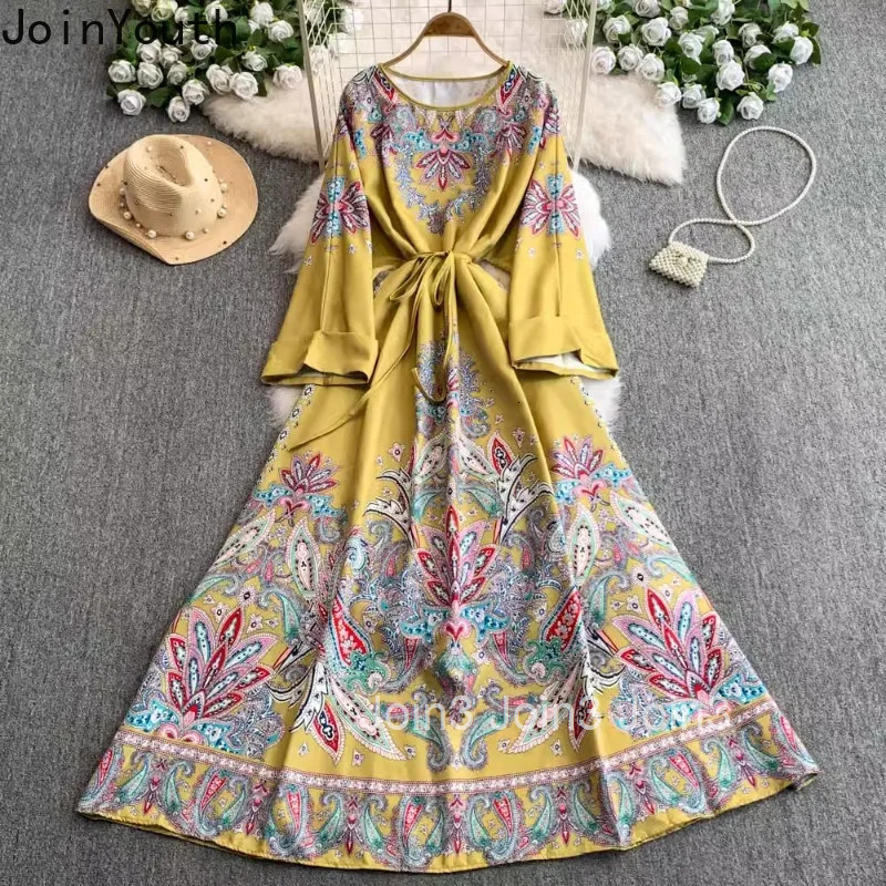 Floral Womens Dress Flare Sleeve Badnage Slim Waist Robe Femme 2025 Vestidos De Mujer Summer Elegant Big Swing Maxi Dresses
