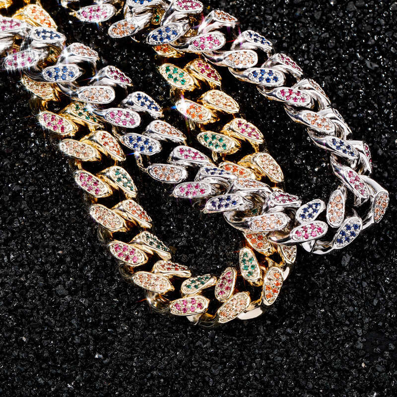 Men's Hip-Hop Colorful Necklace Hiphop Copper Inlaid Zircon 14/18mm Bar Cuban Chain