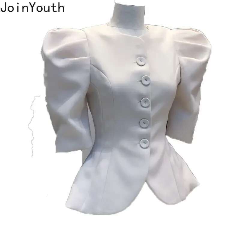 Elegant Women Blouses O-neck Puff Sleeve Tunic Shirts Solid Color Single Breasted Temperament Tops 2025 Blusas Mujer De Moda
