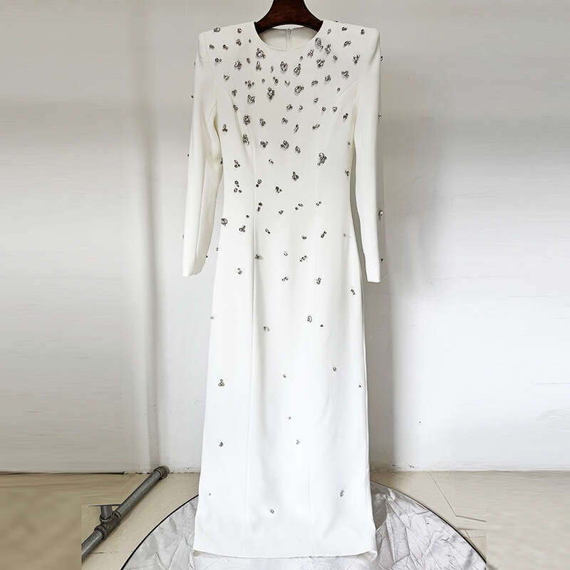 White Skirt Maxi Skirt Elegant Luxurious Beaded And Rhinestone Embellished Long Sleeve Maxi Dress Gown Long Skirt