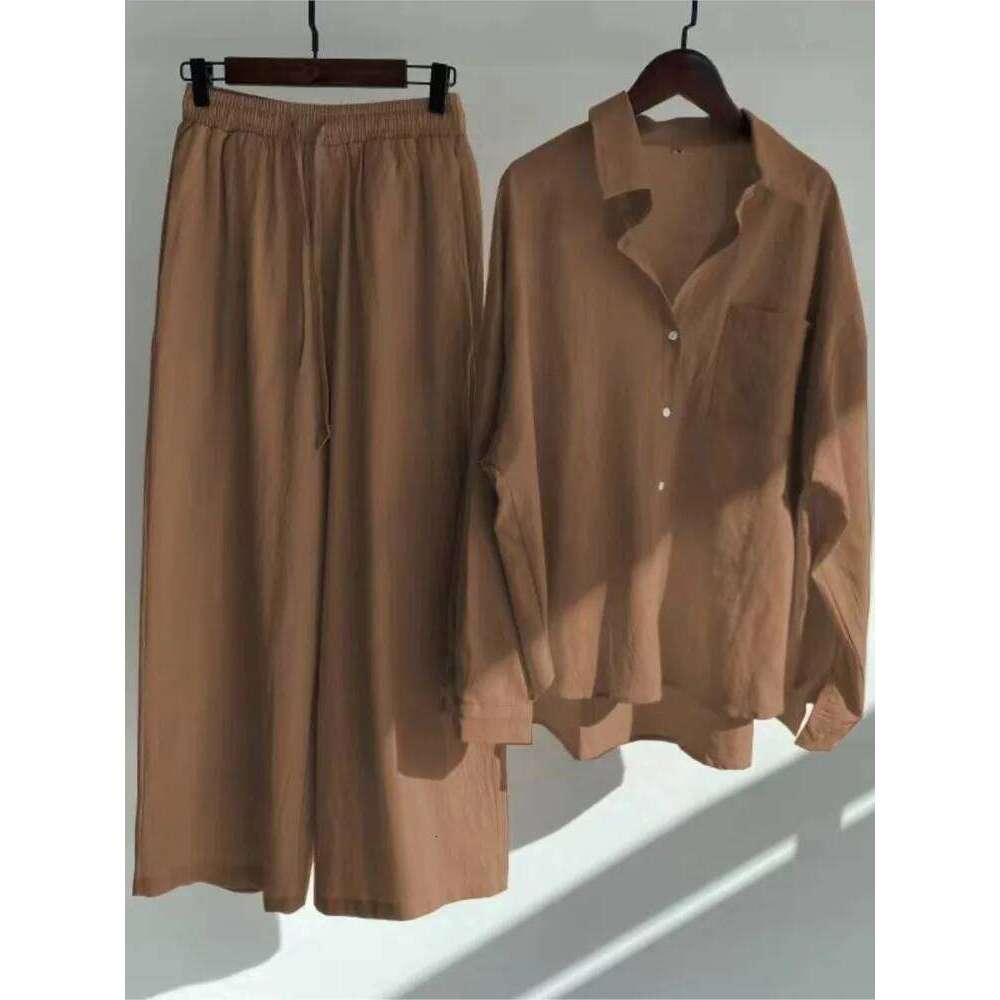 Designer Leisure High Quality Spring Summer Two Long Sleeve Shirt Women's Suit Fashion Button Casual Female Wide Leg Pants 2 Piece Sets